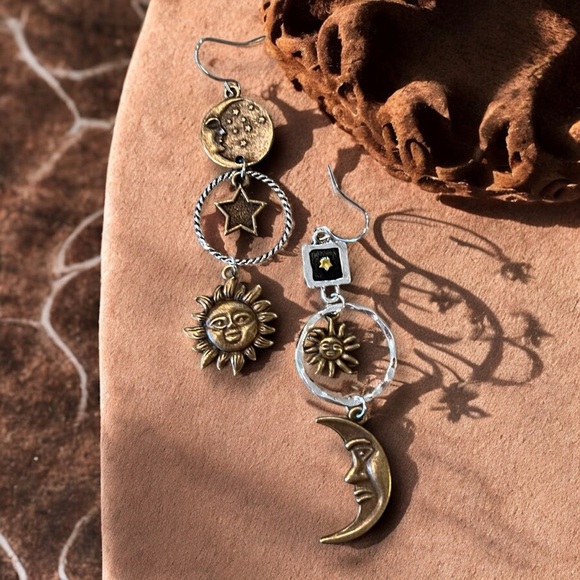 Boho Celestial Charm Earrings - Bronze and Silver toned Bohemian Boho Celestial - Picture 8 of 17